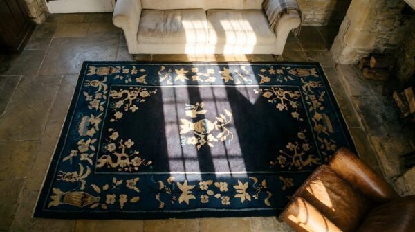 Antique peking small scatter size wool blue navy rug 2 Antique peking small scatter size wool blue navy rug (sku 24617) - styled overhead view