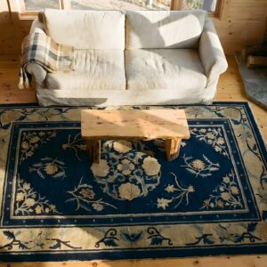 Antique Peking Small Scatter Size Wool Blue Navy, Camel Rug (SKU 24719) - styled overhead view