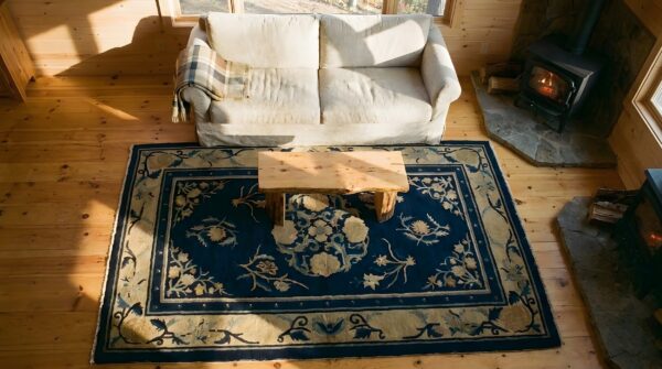 Antique peking small scatter size wool blue navy, camel rug 2 Antique peking small scatter size wool blue navy, camel rug (sku 24719) - styled overhead view