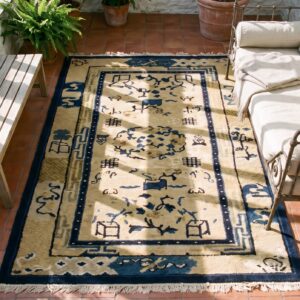 Antique Peking Small Scatter Size Wool Blue Navy, Ivory Beige Cream White Rug (SKU 24413) - in-room detail