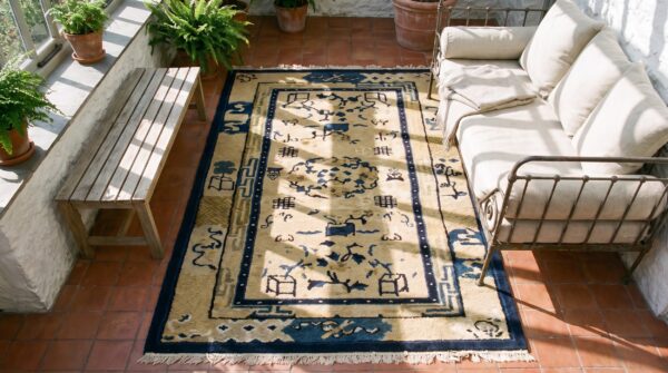 Antique peking small scatter size wool blue navy, ivory beige cream white rug 10 Antique peking small scatter size wool blue navy, ivory beige cream white rug (sku 24413) - in-room detail