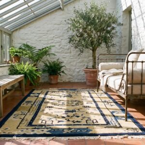 Antique Peking Small Scatter Size Wool Blue Navy, Ivory Beige Cream White Rug (SKU 24413) - styled overhead view