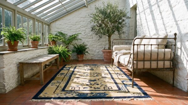 Antique peking small scatter size wool blue navy, ivory beige cream white rug 2 Antique peking small scatter size wool blue navy, ivory beige cream white rug (sku 24413) - styled overhead view
