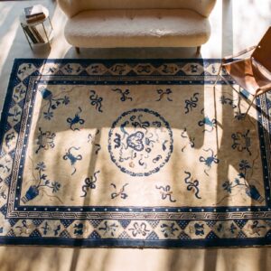 Antique Peking Small Scatter Size Wool Coral Rug (SKU 24307) - styled overhead view