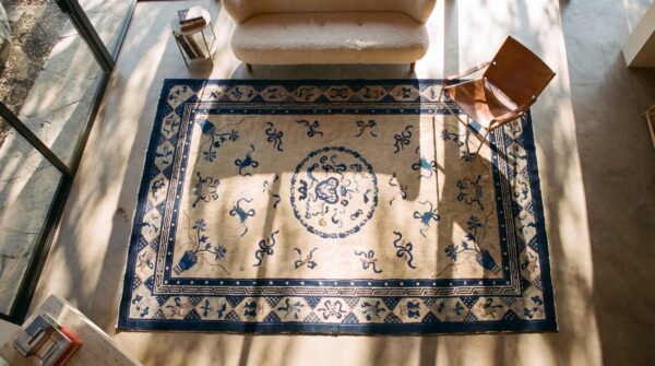 Antique peking small scatter size wool coral rug 2 Antique peking small scatter size wool coral rug (sku 24307) - styled overhead view