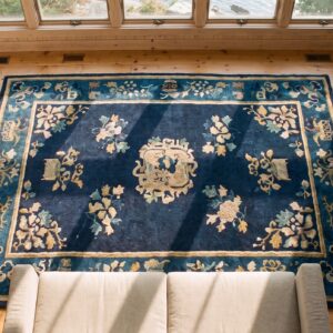 Antique Peking Small Scatter Size Wool Navy Rug (SKU 23647) - styled overhead view