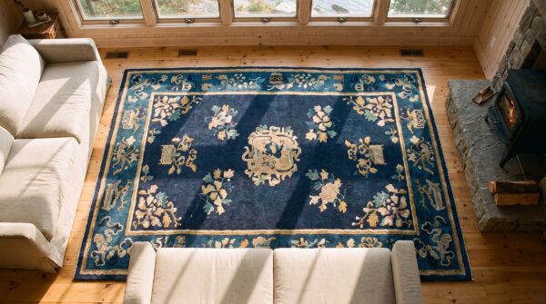 Antique peking small scatter size wool navy rug (sku 23647) - styled overhead view