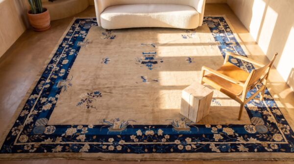 Antique peking square room size wool rug (sku 23657) - styled overhead view