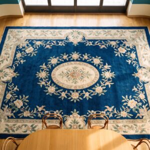 Antique Peking Square Small Scatter Size Wool Black & Navy Rug (SKU 24694) - styled overhead view