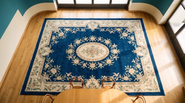 Antique peking square small scatter size wool black & navy rug 2 Antique peking square small scatter size wool black & navy rug (sku 24694) - styled overhead view