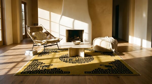 Antique peking square small scatter size wool black and yellow rug 7 Antique peking square small scatter size wool black and yellow rug (sku 24477) - room view