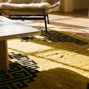 Antique Peking Square Small Scatter Size Wool Black and Yellow Rug (SKU 24477) - in-room detail