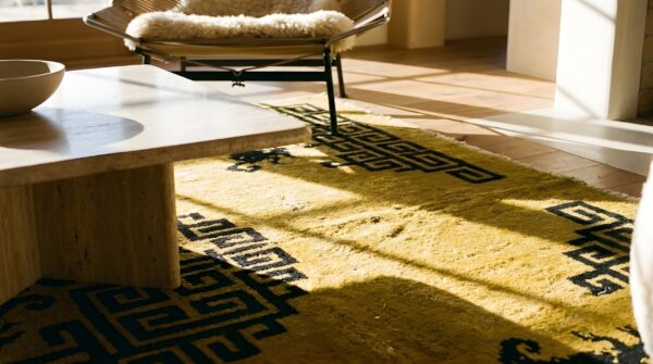 Antique peking square small scatter size wool black and yellow rug 8 Antique peking square small scatter size wool black and yellow rug (sku 24477) - in-room detail