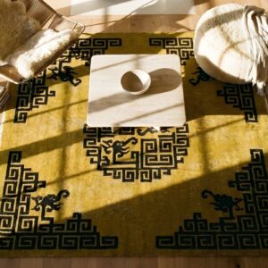 Antique Peking Square Small Scatter Size Wool Black and Yellow Rug (SKU 24477) - styled overhead view