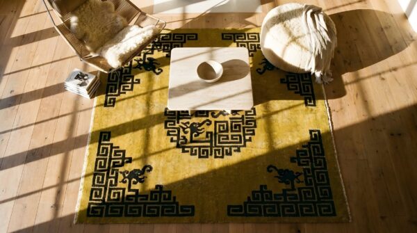 Antique peking square small scatter size wool black and yellow rug 2 Antique peking square small scatter size wool black and yellow rug (sku 24477) - styled overhead view
