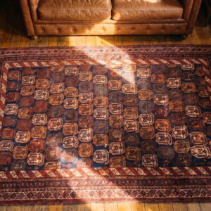 Antique Persian Afshar Small Scatter Size Wool Blue Tribal Paisley Rug (SKU 21399) - styled overhead view