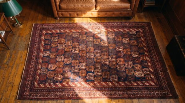 Antique persian afshar small scatter size wool blue tribal paisley rug 2 Antique persian afshar small scatter size wool blue tribal paisley rug (sku 21399) - styled overhead view
