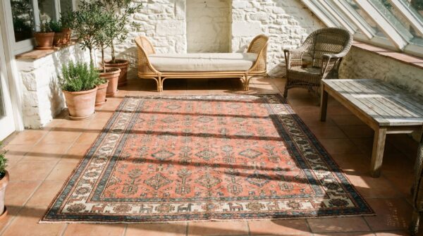Antique persian afshar small scatter size tribal wool pile coral area rug 8 Antique persian afshar small scatter size tribal wool pile coral area rug (sku 19833) - room view