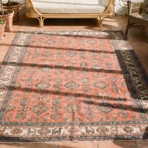 Antique Persian Afshar Small Scatter Size Tribal Wool Pile Coral Area Rug (SKU 19833) - styled overhead view