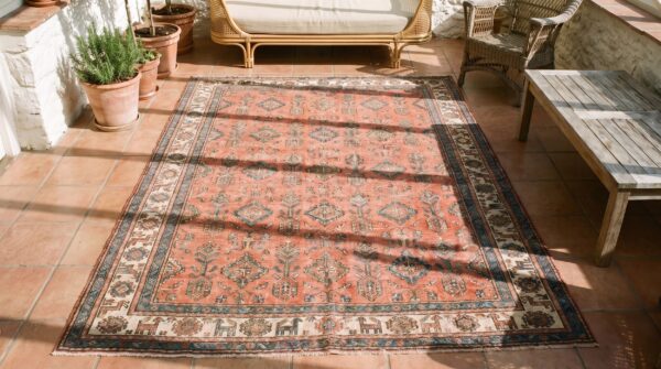 Antique persian afshar small scatter size tribal wool pile coral area rug 2 Antique persian afshar small scatter size tribal wool pile coral area rug (sku 19833) - styled overhead view