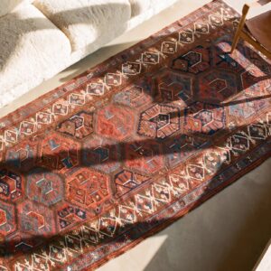 Antique Persian Allover Geometric Wool Hand Knotted Pile 1870s Red Rug (SKU 24455) - styled overhead view