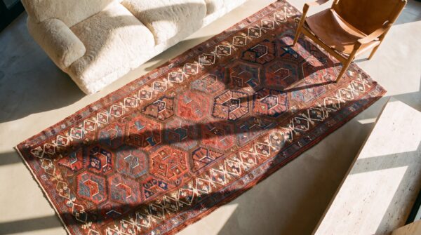 Antique persian allover geometric wool hand knotted pile 1870s red rug 2 Antique persian allover geometric wool hand knotted pile 1870s red rug (sku 24455) - styled overhead view