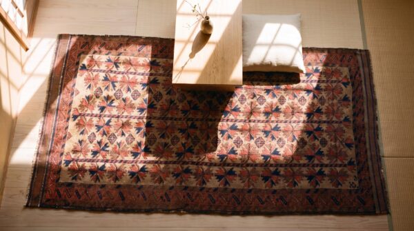 Antique persian allover geometric wool hand knotted pile 1890s rug 2 Antique persian allover geometric wool hand knotted pile 1890s rug (sku 21804) - styled overhead view