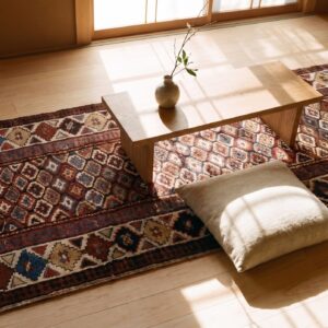 Antique Persian Allover Geometric Wool Hand Knotted Hallway Runner Rug (SKU 21691) - styled overhead view