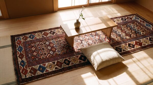 Antique persian allover geometric wool hand knotted hallway runner rug (sku 21691) - styled overhead view