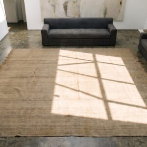 Antique Persian Allover Geometric Square Wool Hand Knotted Pile Brown Earth Tone 1940s Rug (SKU 19524) - styled overhead view