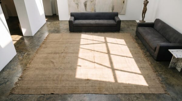 Antique persian allover geometric square wool hand knotted pile brown earth tone 1940s rug 2 Antique persian allover geometric square wool hand knotted pile brown earth tone 1940s rug (sku 19524) - styled overhead view