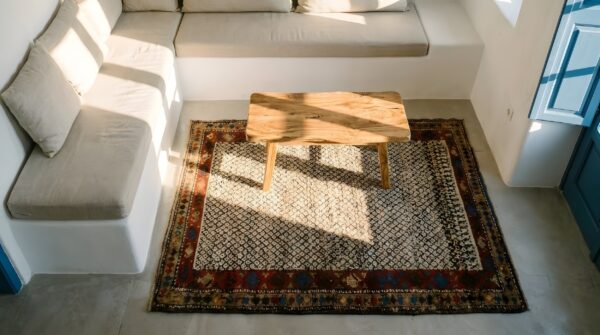 Antique persian allover tribal design hand knotted wool pile shahsavan rug 2 Antique persian allover tribal design hand knotted wool pile shahsavan rug (sku 24736) - styled overhead view