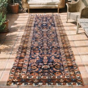 Antique Persian Bakshaish Blue Wool Hallway Runner Rug (SKU 18837) - styled overhead view