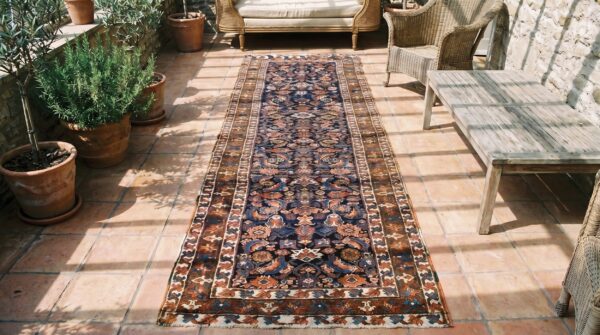 Antique persian bakshaish blue wool hallway runner rug 2 Antique persian bakshaish blue wool hallway runner rug (sku 18837) - styled overhead view