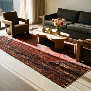 Antique Persian Baluch Geometric Coral Small Scatter Size Tribal Rug (SKU 20912) - room view
