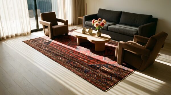 Antique persian baluch geometric coral small scatter size tribal rug 8 Antique persian baluch geometric coral small scatter size tribal rug (sku 20912) - room view