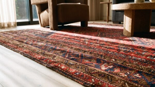 Antique persian baluch geometric coral small scatter size tribal rug 9 Antique persian baluch geometric coral small scatter size tribal rug (sku 20912) - in-room detail