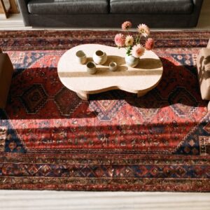 Antique Persian Baluch Geometric Coral Small Scatter Size Tribal Rug (SKU 20912) - styled overhead view