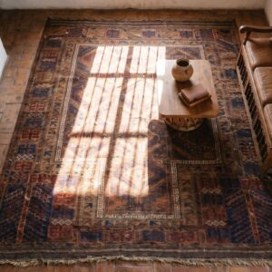 Antique Persian Baluch Prayer Rug 3'×4'6" Hand-Knotted Wool, 19th Century (SKU 19153) - styled overhead view