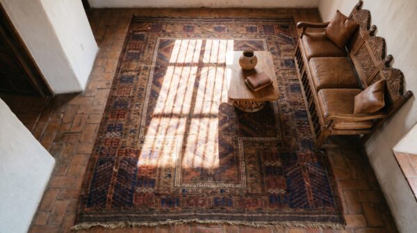 Antique persian baluch prayer rug 3'×4'6" hand-knotted wool, 19th century (sku 19153) - styled overhead view