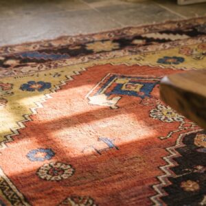 Antique Persian Bidjar Coral Small Scatter Size Tribal Wool Rug (SKU 21294) - in-room detail