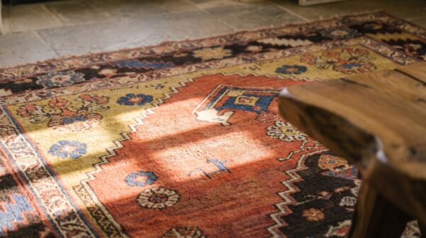 Antique persian bidjar coral small scatter size tribal wool rug 10 Antique persian bidjar coral small scatter size tribal wool rug (sku 21294) - in-room detail