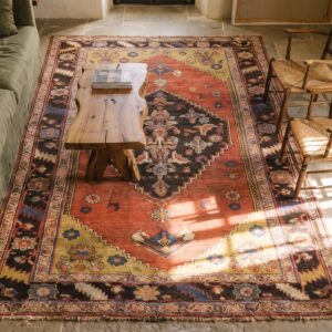 Antique Persian Bidjar Coral Small Scatter Size Tribal Wool Rug (SKU 21294) - styled overhead view