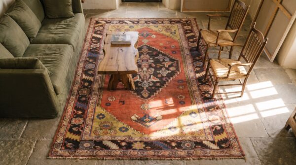 Antique persian bidjar coral small scatter size tribal wool rug 2 Antique persian bidjar coral small scatter size tribal wool rug (sku 21294) - styled overhead view