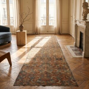 Antique Persian Bidjar Herati Fish Pattern Hallway Runner Rug (SKU 18614) - styled overhead view