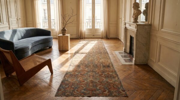 Antique persian bidjar herati fish pattern hallway runner rug (sku 18614) - styled overhead view