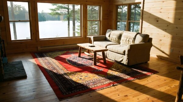 Antique persian bijar rug 7'8"×12'4" red medallion, hand-woven wool, 1880s 12 Antique persian bijar rug 7'8"×12'4" red medallion, hand-woven wool, 1880s (sku 2405) - in-room detail