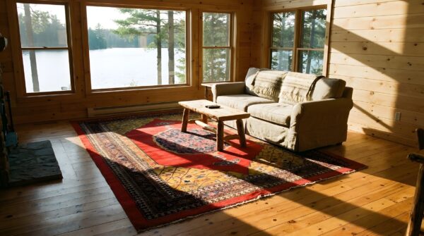 Antique persian bijar rug 7'8"×12'4" red medallion, hand-woven wool, 1880s 2 Antique persian bijar rug 7'8"×12'4" red medallion, hand-woven wool, 1880s (sku 2405) - styled overhead view