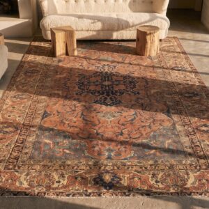 Antique Persian Floral Medallion Hand Knotted Pile Rug (SKU 21589) - styled overhead view