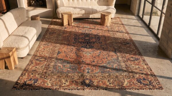 Antique persian floral medallion hand knotted pile rug 2 Antique persian floral medallion hand knotted pile rug (sku 21589) - styled overhead view